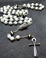 Wht Tridacna/ Dzi Agate White Lucky Targaryen Dragon Rosary Style Necklace Ankh