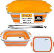 Collapsible BBQ Prep Tub 2 Piece Set with Grill Tongs - 1 (Med) 1 (Lrg) for Meal Prep Marinating Food Storage and Grilling - Includes Cutting Board Bottom, Lid and 16" Grilling Tongs