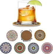 6 Pcs Mandala Ceramic Coasters with Metal Holder - Quick-Dry Absorbent Drink Mats, Non-Slip Cork Base 4 Inch Round Coasters for Home Office & Yoga Studio