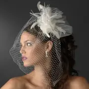 White Ivory Feather Austrian Crystal Russian Blusher Birdcage Veil Bridal Comb