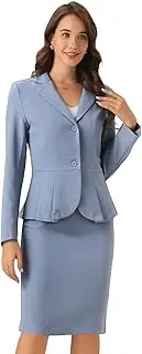 [Allegra K] Skirt Suit Sets for Women's 2 Piece Formal Office Notched Lapel Peplum Jacket Blazer Pencil Skirts Set