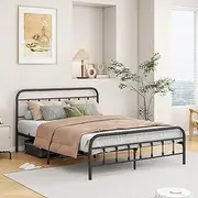 FOUBAM Vintage Queen Size Bed Frame with Headboard and Footboard, Queen Bed Base with Heavy Duty Metal Platform Bed Frame Steel Slat Support (Queen, Black Sanded)