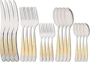 Uniturcky 20PCS Silverware Set, 18/0 Stainless Steel Flatware Set for 4, Kitchen Utensil Cutlery Set, Include Dinner Knife/Fork/Spoon, Teaspoon/Cake Fork, Mirror Polished, Silver with Gold Handle