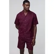 Mens Red Oversized Revere Satin Checkerboard Shirt & Relaxed Short Set