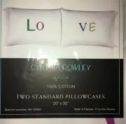 Cynthia Rowley LOVE Cotton White 2 Standard Pillow Cases 20x30 NIP