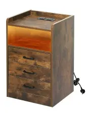 [Levede] Nightstand USB Charger LED Bedside Table in Brown