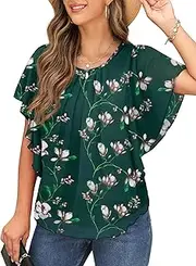 [QIXING] Summer Casual Loose Round Neck Chiffon Flowy Tops Blouses for Women