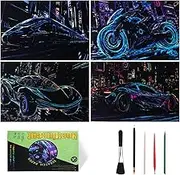 Gersoniel 4pcs Scratch Painting Kits Glow in The Dark Scratch Art Rainbow Painting Paper with Pen & Cleaning Brush Noctilucent Scratchboard for Teens Adults Gift, Racing Theme, Father's Day