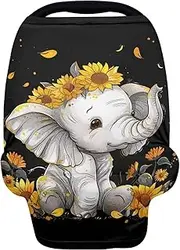 ZFRXIGN Elephant Sunflower Baby Car Seat Cover Cute Nursing Breathable Scarf Carseat Canopy Multi-Use Cover Ups for Stroller High Chair Shopping Cart Gifts Animal Black