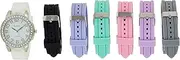[Accutime] XOXO Women's Analog Watch with Silver-Tone Case, Crystal-Inset Bezel, 7 Interchangeable Bands Included - Official XOXO Woman's Silver-Tone Watch, Silicone Buckle Straps - Model: XO9069,