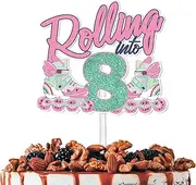 Pink Glitter Rolling into 8 Cake Topper Pick for 80s 90s Retro Roller Skates Hip Hop Roller Skating Party Decor Supplies Girl 8th Happy Birthday Theme Decorations