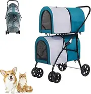 Double Pet Stroller with Detachable Carriers Storage Pocket Lockable 360° Lightweight Wheel Waterproof Folding Crate with Soft Pad for Small Medium Dogs Blue