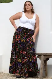 Hellen Maxi Skirt - High Waisted Skirt with Front Splits in Ayla Print Black