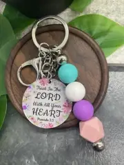 4" Silver-Tone Silicone Beaded Charm Scripture Keychain New Free Ship A4107