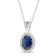 Oval Blue Sapphire and 0.07 CT. T.W. Natural Diamond Frame Pendant in 10K White Gold