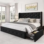 LARMACE Full Size Bed Frame with 4 Storage Drawers and Wingback Headboard Velvet Upholstered Platform Bed Frame Tufted Beds with Wooden Slats Support, Easy Assembly, Black