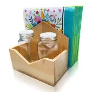 Upright wooden Napkin Holder, comes with 2 Botels of Salt and Pepper Shaker