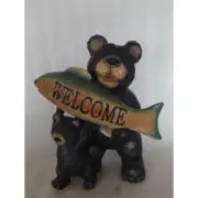 Bear Welcome Sign Holding Fish Garden Statue Home Yard Decor Fisherman Cabin