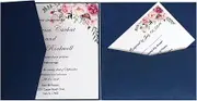 XYHTPP 100 pieces Retro Tri-fold Pocket Wedding Invitation Card Personalize Print Ivory Engagement Marriage Invite Cards For Wedding Birthday Anniversary Invite(Deep Blue,Belt Band)