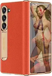 [TECSHINE] Leather Case for Samsung Galaxy Z Fold6, Hinged Cover for Samsung Z Fold 6 Phone, Mobile Phone Shell, Support Frame, Leather Holster