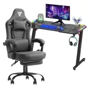 Advwin RGB Gaming Chair Desk Set Office Table Racing Seat w/Footrest(Black Desk+ Dark Grey Chair)