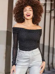 Sosandar Black Sparkle Mesh Bardot Top (AW1015) | $127
