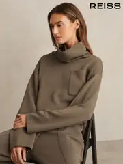 Reiss Khaki Green Iris Interlock Jersey Funnel Neck Sweatshirt (H21017) | $245