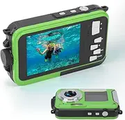 ElgnAura Waterproof Digital Camera, Full HD 2.7K 48MP Underwater Digital Camera, 10ft Waterproof, 16X Zoom, Digital Camera with Selfie Screen Dual Front/Rear Screens (Green)