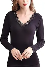 [Flygo] Thermal Underwear Tops for Women Fleece Lined Lace Thermal Shirts V-Neck