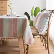 Catzon Striped Cotton Linen Tablecloth Tassel Square Tablecloth-Pink