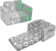 Toddler Chair, Toddler Couch, Kids Couch, Fold Out Kids Sofa Chair, Toddler Convertible Sofa to Lounger Pull Out Couch, Glow in The Dark Sofa Chair for Boys and Girls (Grey, Medium)
