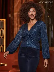 Sosandar Blue Sequin Knot Front Top (AT6370) | $136