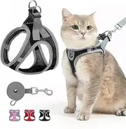 SCENEREAL Cat Harness and Leash Set Escape Proof, Adjustable Soft Air Mesh Kitten Harnesses for Girls Boys Small Medium Big Cats, Reflective Light Travel Pet Walking Vest for Puppy Rabbit, Black XL