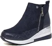 [ZIRIA] Shoes for Women Suede Round Toe Platform Wedges Ankle Boots Side Zipper Cotton Black Short Boots