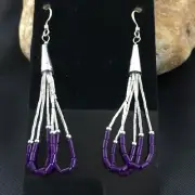 Purple Stone 3 Strands Heishi Liquid Sterling Silver Dangle Earrings 1997