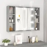 Mirror Cabinet with LED Lights, Grey Sonoma, Engineered Wood, 76x15x55 cm, Wall-Mounted Bathroom Organizer, Six Compartments