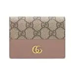 【GUCCI 古馳】658610 經典金屬雙G LOGO牛皮拚帆布暗釦萬用信用卡夾/短夾(暗粉色)