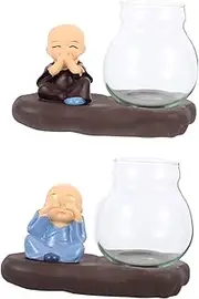 LOORGVEL 2Pcs Resin Monk Decor Glass Vase for Home Decoration Small Hydroponic Flower Planter for Office Living Balcony Artistic Table Centerpiece