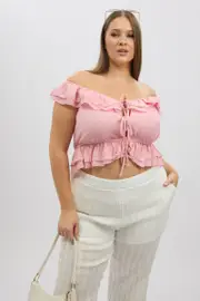 Pink Crop Top Off Shoulder Tie Front Ruffle