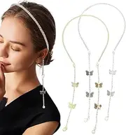 2PCS Butterfly Rhinestone Headbands Elegant Shiny Crystal Tassel Butterfly Headpiece Head Chain Vintage Wedding Fairy Crystal Headpiece for Birthday Party for Women and Girls (Silver+Gold, One size)
