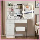 White Vanity Makeup Table with Stool Led Lighted Sliding Mirror Dressing Table