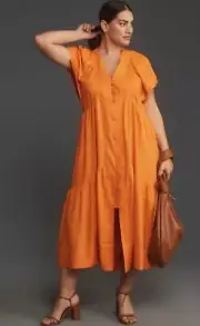 Anthropologie Midi Dress Orange Reneé Flutter Sleeve Linen Button Front Sz L NWT