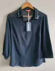 Modcloth Blouse Women's Medium Navy Blue Chiffon Beaded Collar Sheer Top NWT