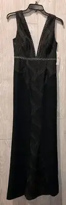 AIDAN MATTOX Black Vine Embroidered Deep V Neck Formal Long Dress NWT Womens 2