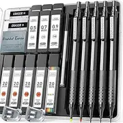Four Candies Metal Mechanical Pencil Set, 3PCS Art Drafting Pencils 0.5, 0.7, 0.9MM & 2PCS 2MM Mechanical Drawing Pencils with 420PCS Leads (4B 2B HB 2H Color) for Writing Sketching Drawing (Black)