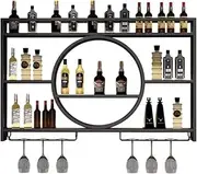 Bar Unit Floating Shelves, Wall-Mounted Wine Racks With LED Light Inverted Wine Glass Rack Multifunctional Iron Bottle Holder Simple Hanging Goblet Rack For Home Bar Dining Room Decor(Black,100*15*80c