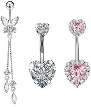 [Niaspi] 3 Pcs 14G Belly Button Rings for Women Girls Surgical Steel Sparkling CZ Diamond Heart Butterfly Dangle Belly Navel Studs Curved Barbell Body Piercing Jewelry, Stainless Steel, cubic zirconia