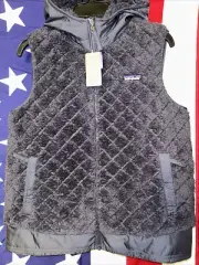 PATAGONIA Womens LOS GATOS Reversible Hooded Zip Front Sherpa Vest Blue Med NWT