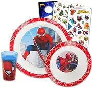 Spiderman Dinnerware Set for Kids, Toddlers - 3 Pc Kitchen Accessories Bundle with Spiderman Dinner Plate, Cup, Stickers, More | Spiderman Flatware Set
