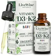Vitamin D3 and Vitamin K2 Liquid Drops – Baby Vitamin D Drops for Infants w/Vitamin K for Optimal Absorption – Vitamin D3 K2 Supplement w/Organic MCT Oil Develops Healthy Bones, Brain, Immune System